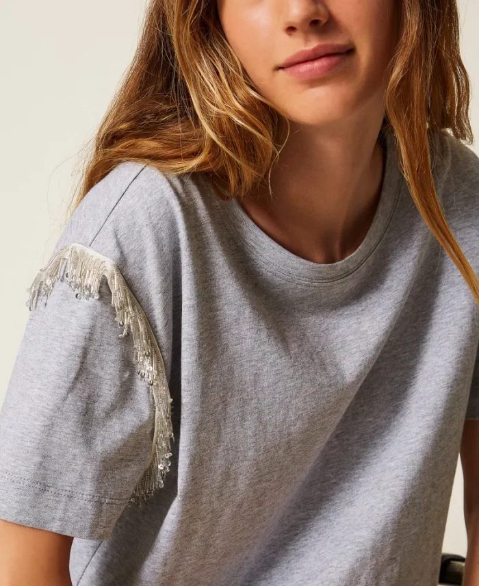ACTITUDE T-shirt with beads fringes Light Grey - Image 2