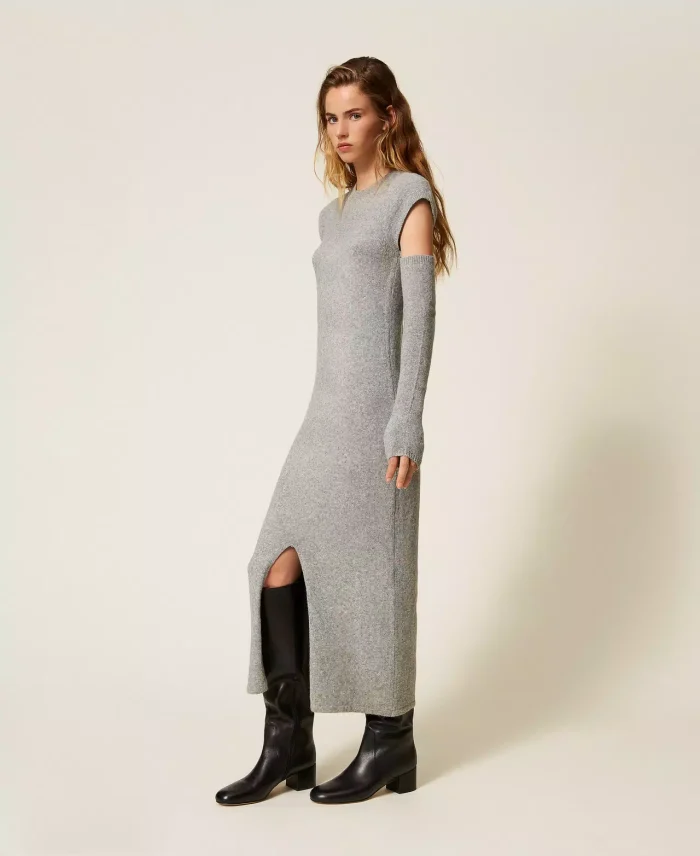 ACTITUDE Recycled yarn long dress with removable sleeves  Light Grey Melange - Image 2