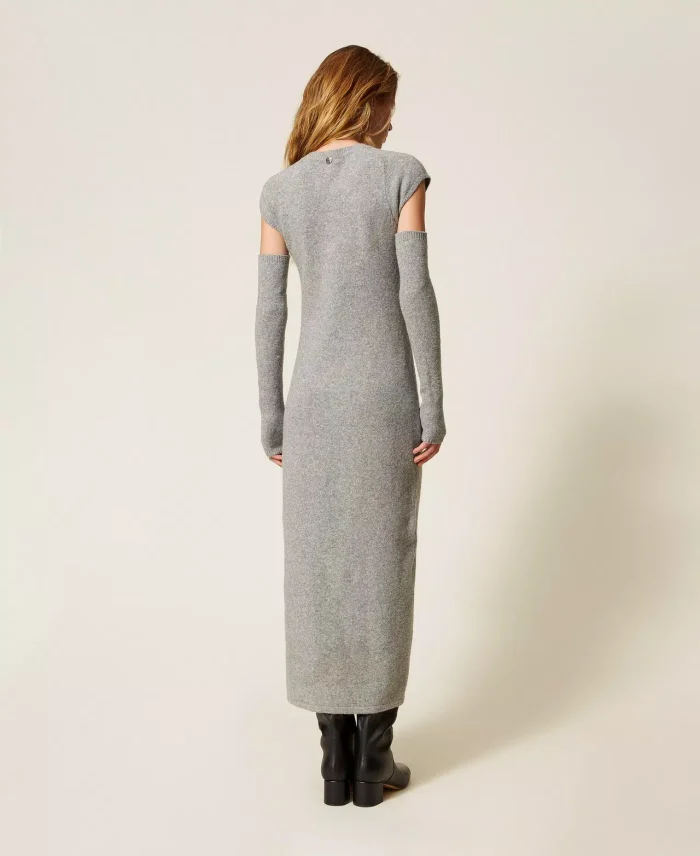 ACTITUDE Recycled yarn long dress with removable sleeves  Light Grey Melange - Image 3