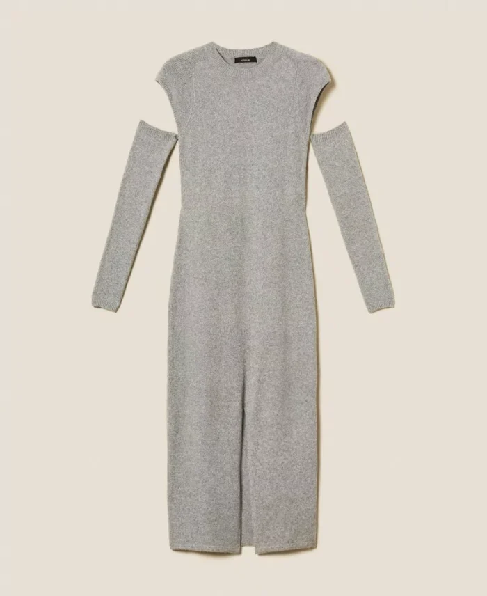 ACTITUDE Recycled yarn long dress with removable sleeves  Light Grey Melange - Image 5
