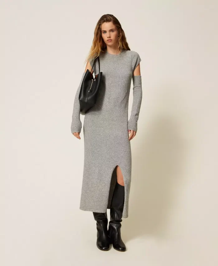 ACTITUDE Recycled yarn long dress with removable sleeves  Light Grey Melange - Image 6