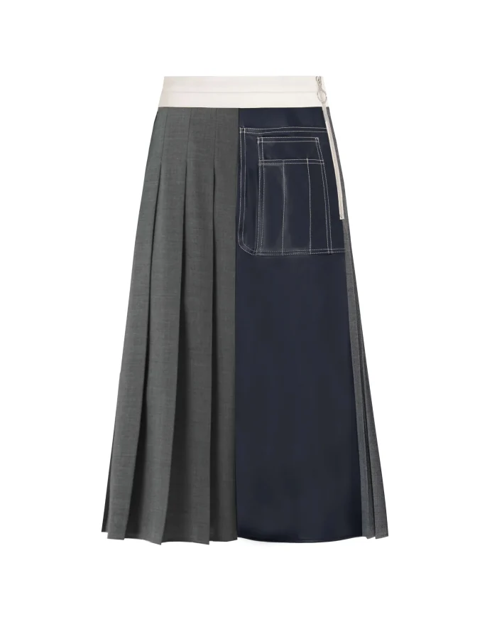 BEATRICE Pleated skirt with eco leather details Grey - Image 4