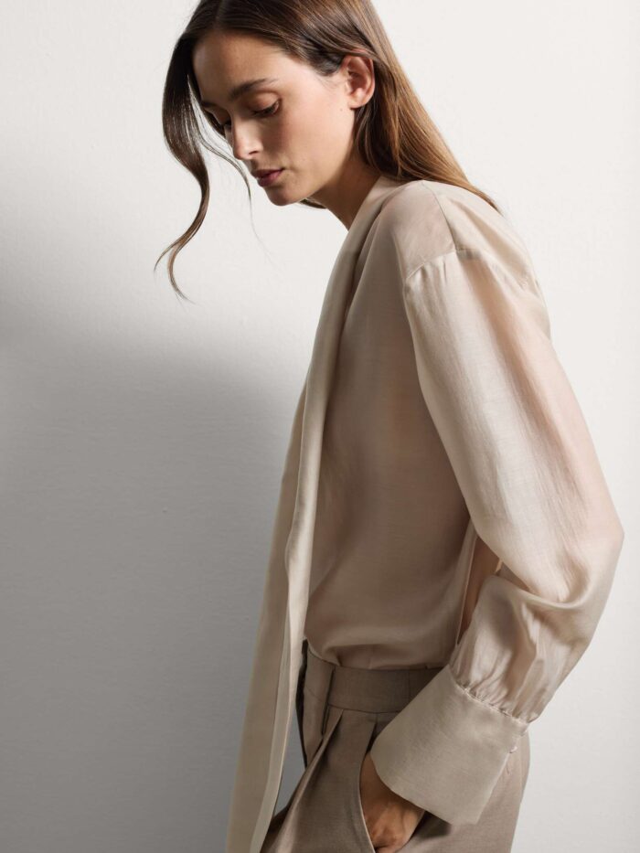 STEFANEL Beige transparent lyocell shirt regular fit with bow - Image 2