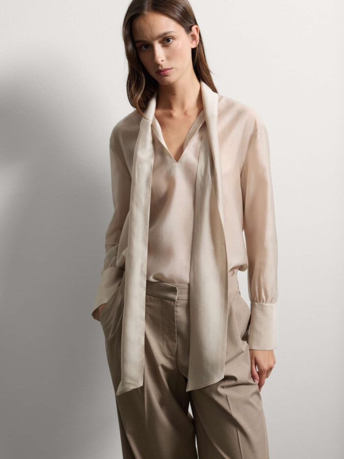 STEFANEL Beige transparent lyocell shirt regular fit with bow - Image 1