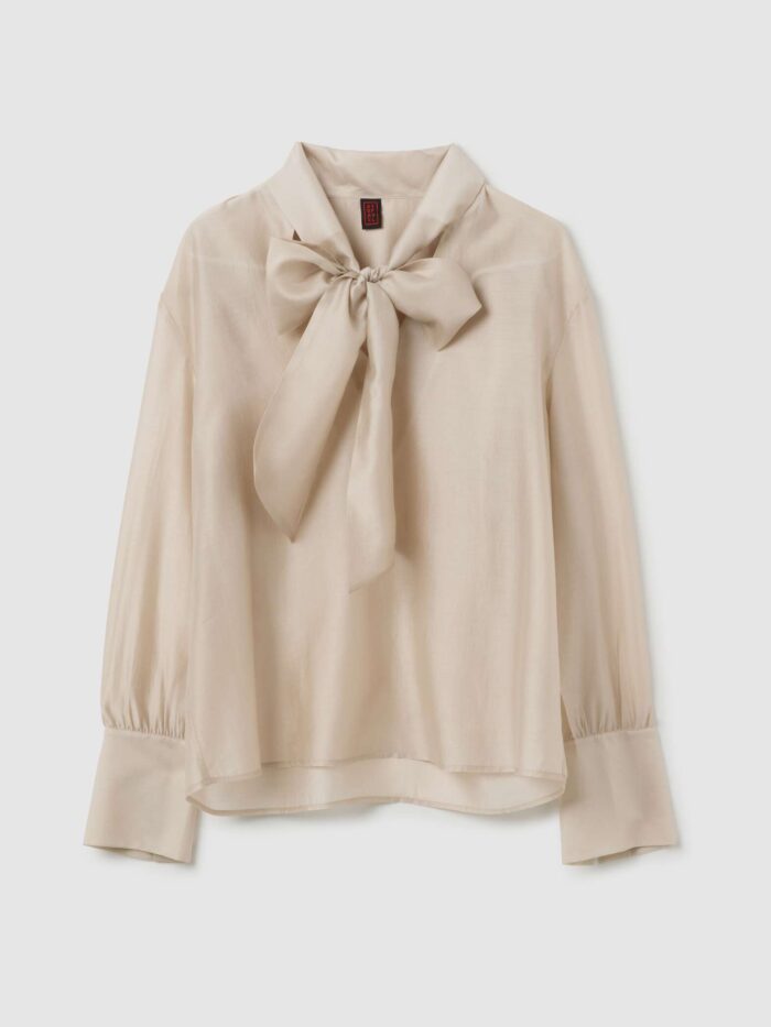 STEFANEL Beige transparent lyocell shirt regular fit with bow - Image 6