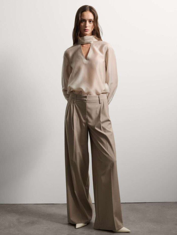 STEFANEL Beige transparent lyocell shirt regular fit with bow - Image 3