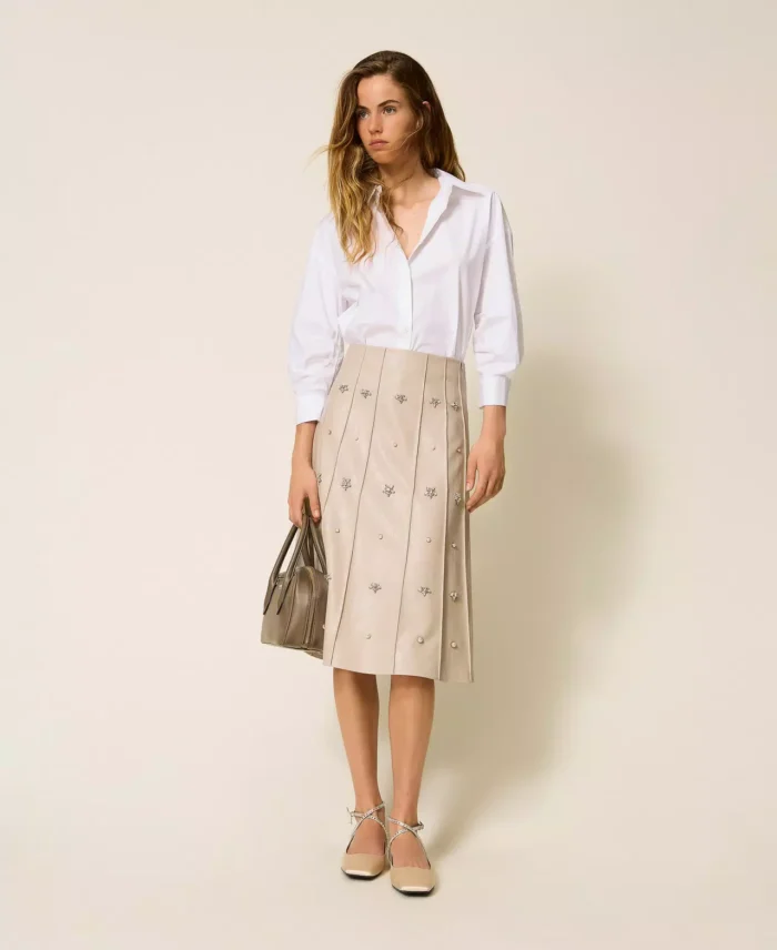 ACTITUDE Midi skirt with handmade embroideries Chalk Grey - Image 2