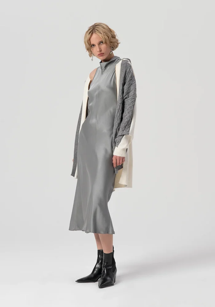 FRACOMINA Sleeveless dress middle length made in satin Grey - Image 4