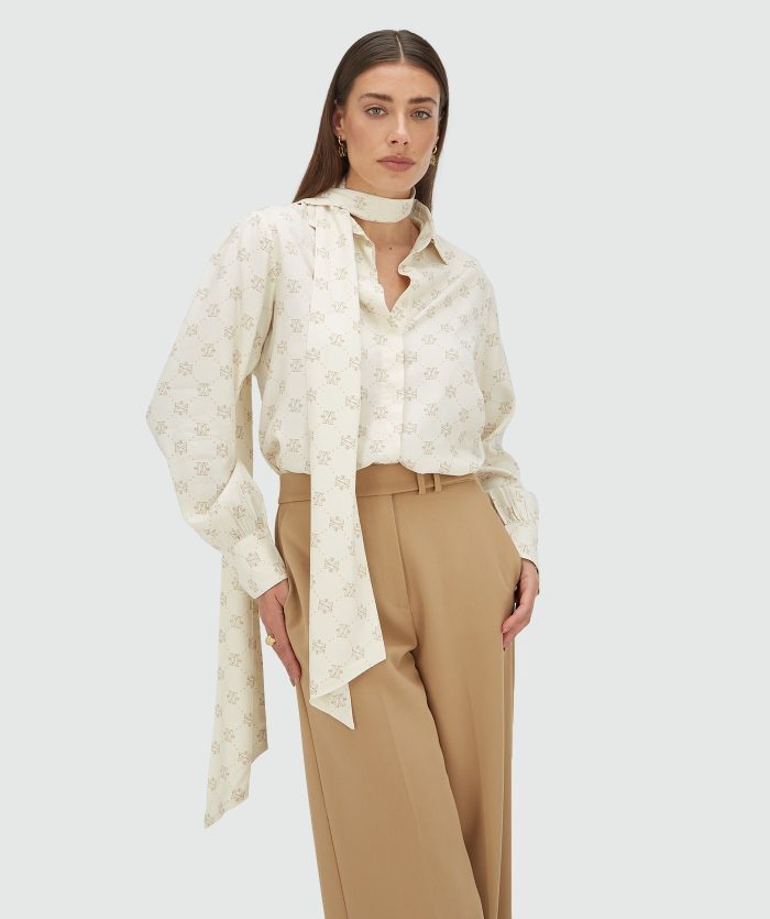JOSH-V Sydney Regular Fit Blouse Met Logoprint - Creme White Light Brown - Image 3