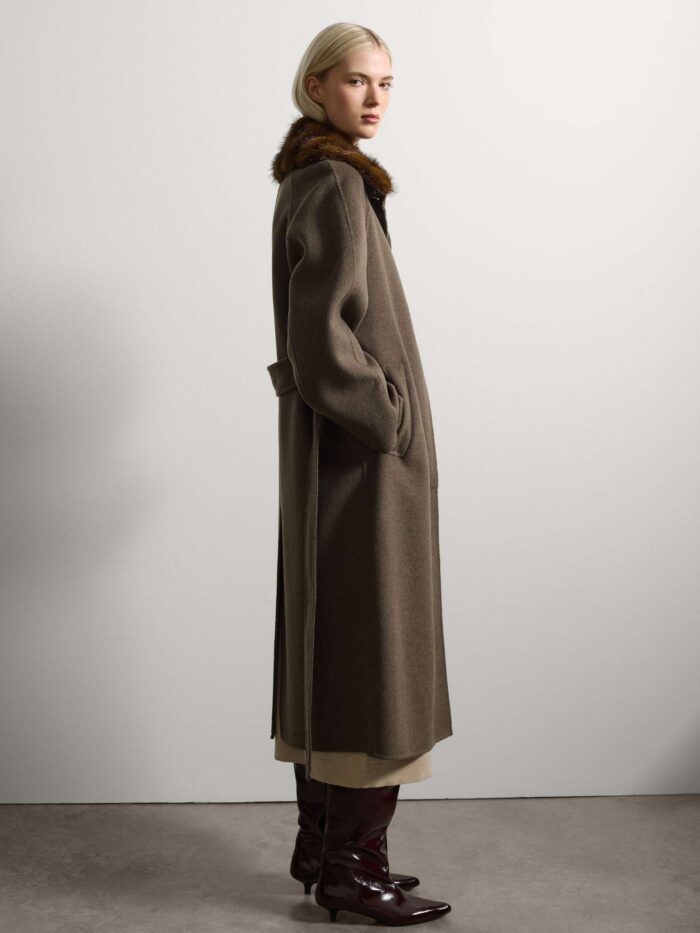 STEFANEL Long wool blend coat with faux fur collar Brown - Image 2