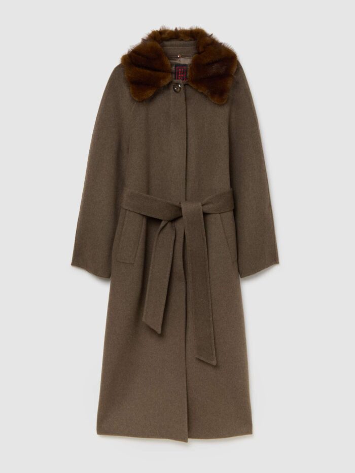 STEFANEL Long wool blend coat with faux fur collar Brown - Image 6
