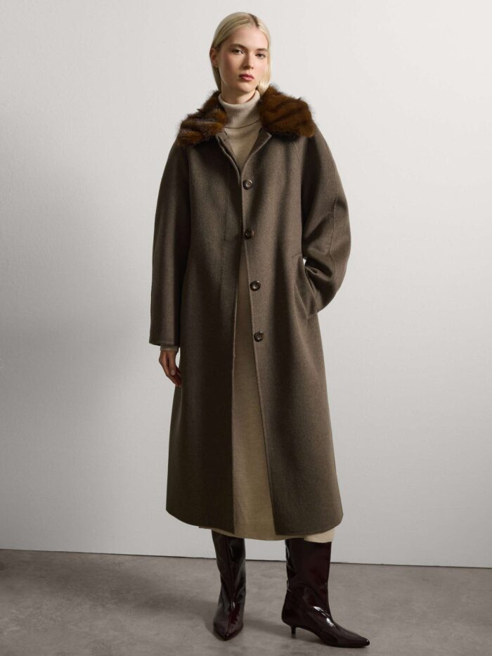 STEFANEL Long wool blend coat with faux fur collar Brown - Image 1