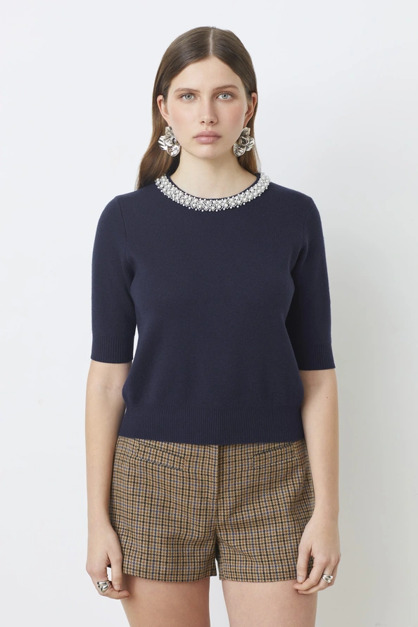 00W005299B SUNCOO Pearl Cropped jumper with jewelled collar Blue - Image 1