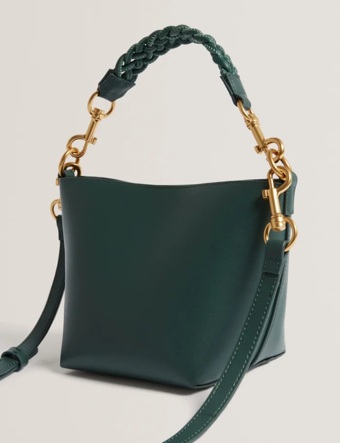 TED BAKER Plaited Handle Small Bucket Tote Bag Green - Image 4