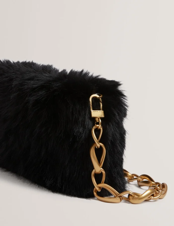 TED BAKER Faux Fur Clutch Bag with Chain Strap Black - Image 4