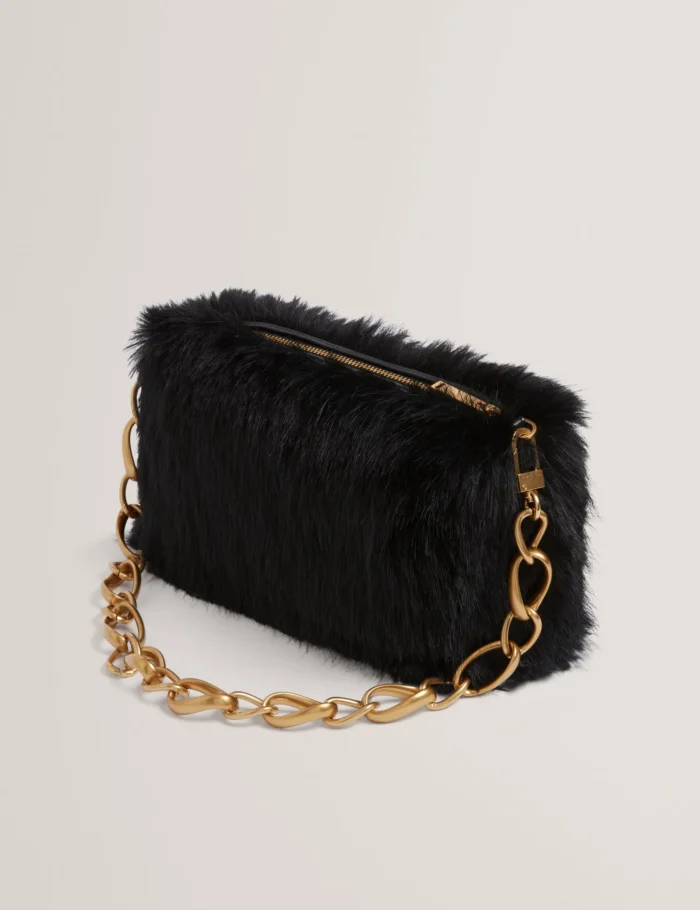 TED BAKER Faux Fur Clutch Bag with Chain Strap Black - Image 2