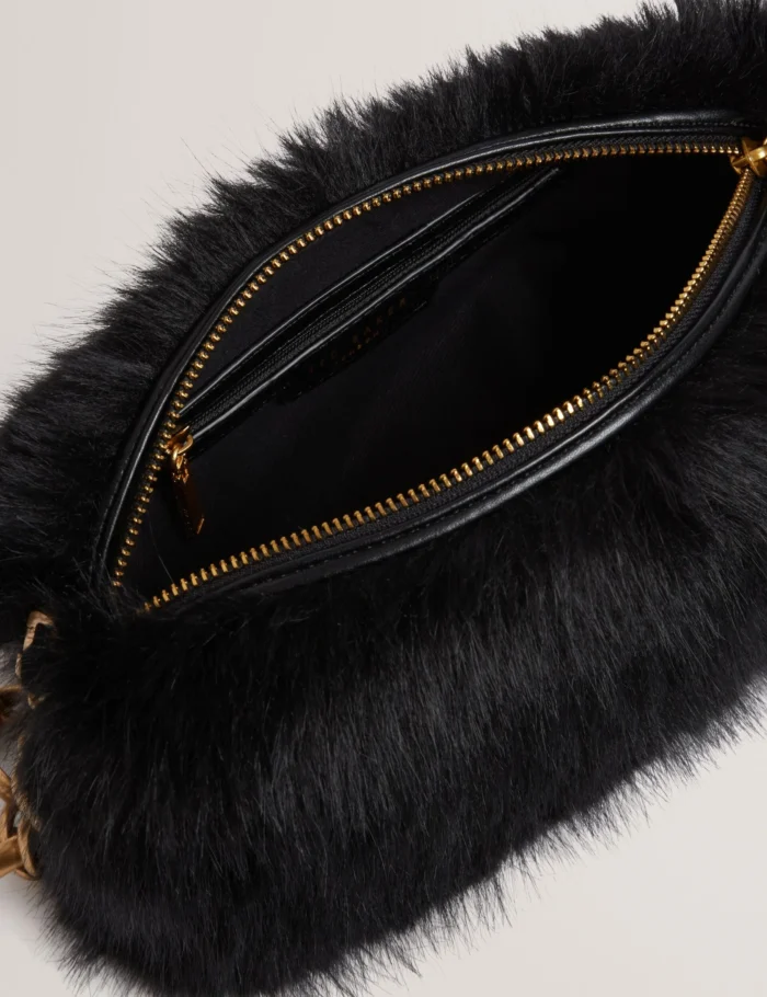 TED BAKER Faux Fur Clutch Bag with Chain Strap Black - Image 5