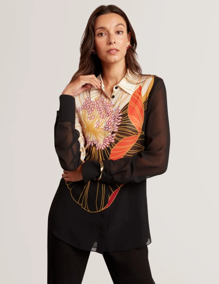 281774_BLACK_1 TED BAKER Nouveau Floral Semi-Sheer Longline Shirt Black - Image 1