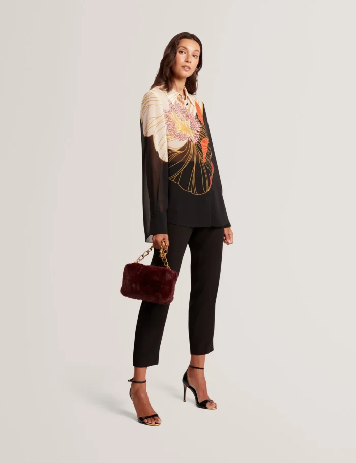 TED BAKER Nouveau Floral Semi-Sheer Longline Shirt Black - Image 2