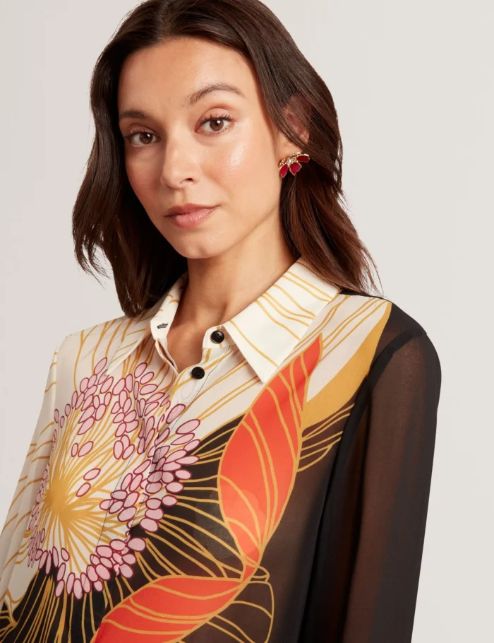 TED BAKER Nouveau Floral Semi-Sheer Longline Shirt Black - Image 4