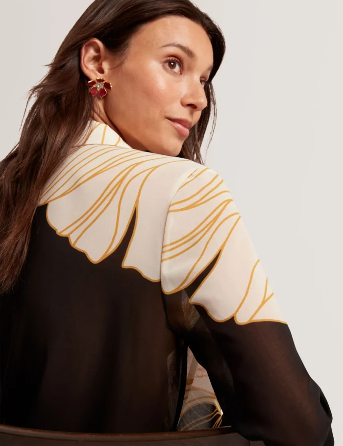 TED BAKER Nouveau Floral Semi-Sheer Longline Shirt Black - Image 6