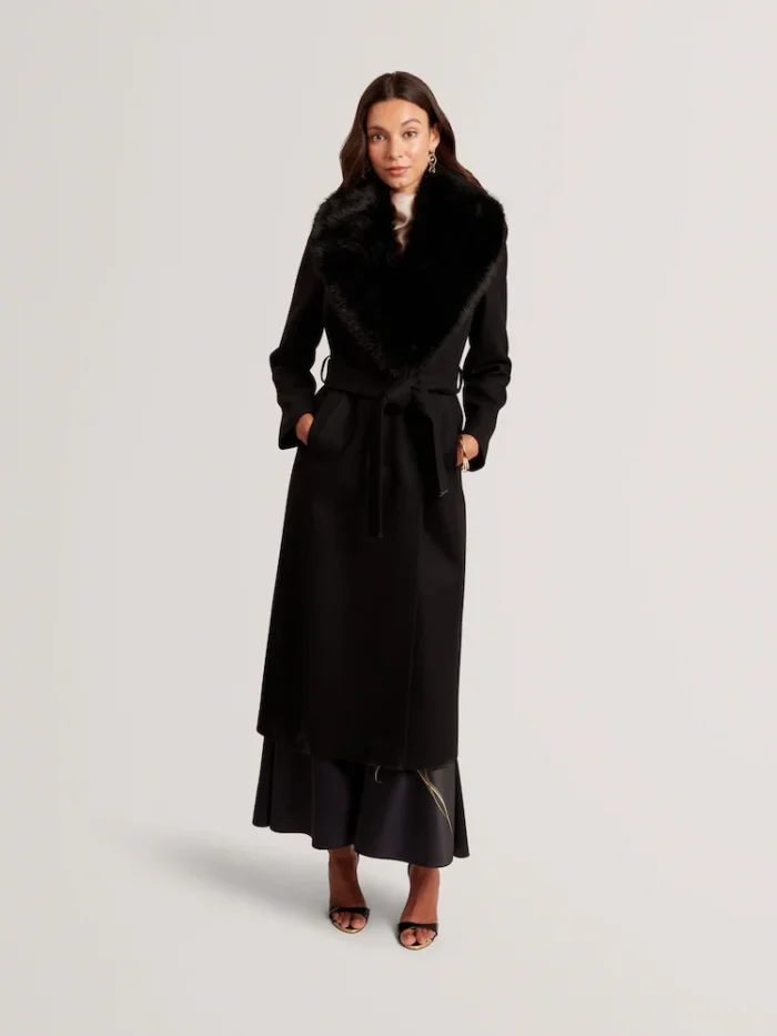 V00938s Ted Baker Musea - Faux Fur Belted Long Coat Black - Image 1