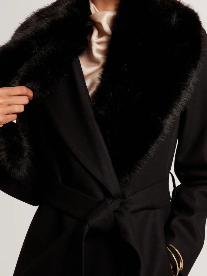 V00938s3 Ted Baker Musea - Faux Fur Belted Long Coat Black - Image 3