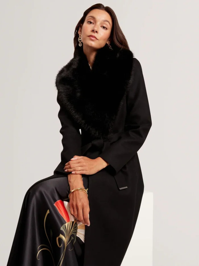 V00938s4 Ted Baker Musea - Faux Fur Belted Long Coat Black - Image 2