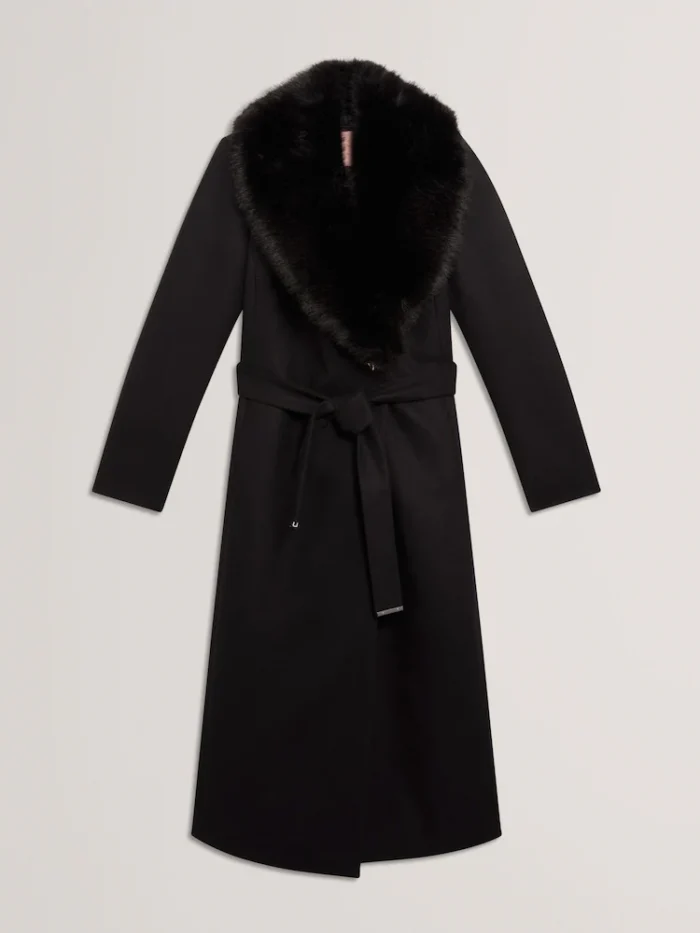 V00938s5 Ted Baker Musea - Faux Fur Belted Long Coat Black - Image 5