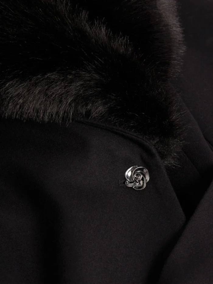 V00938s6 Ted Baker Musea - Faux Fur Belted Long Coat Black - Image 6