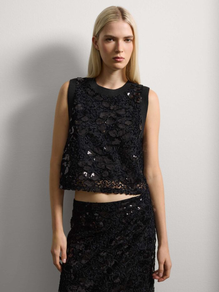 STEFANEL Regular fit transparent crop top with sequins Black - Image 1