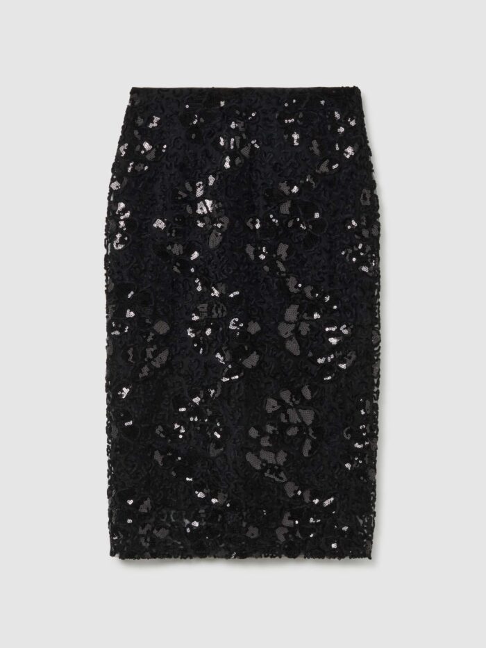 STEFANEL Skirt with floral sequin appliques Black - Image 6