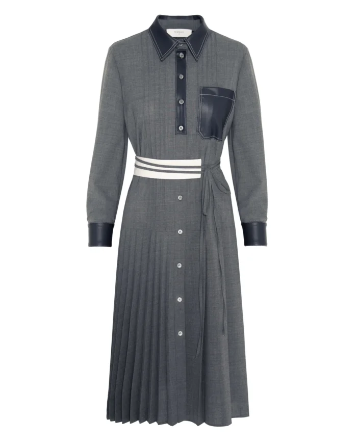 BEATRICE Pleated Chemishier Dress With Eco-Leather Details Grey - Image 5