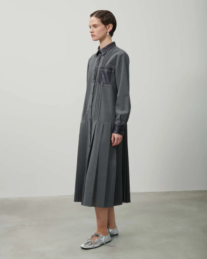 BEATRICE Pleated Chemishier Dress With Eco-Leather Details Grey - Image 2