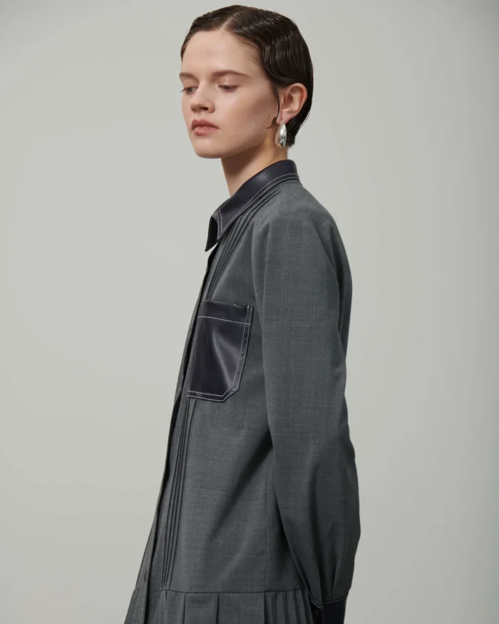 BEATRICE Pleated Chemishier Dress With Eco-Leather Details Grey - Image 3