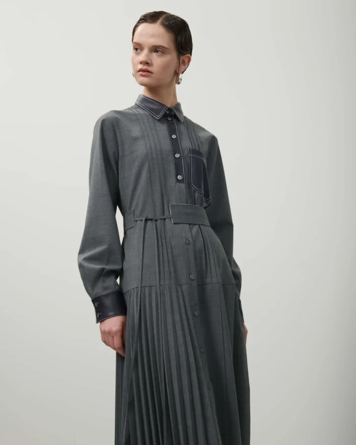 6593RO99MIX_06 BEATRICE Pleated Chemishier Dress With Eco-Leather Details Grey - Image 1