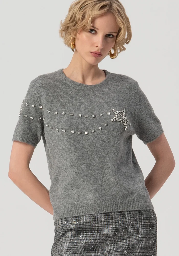 FRACOMINA Knitwear with short sleeves and star shaped application with shiny stones Grey - Image 1