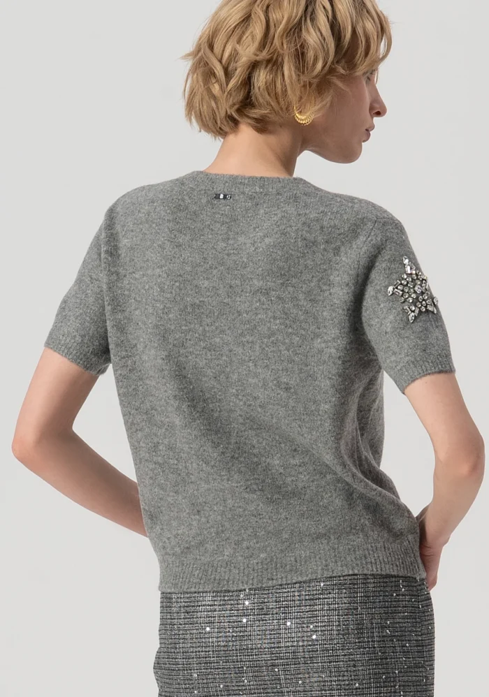 FRACOMINA Knitwear with short sleeves and star shaped application with shiny stones Grey - Image 3