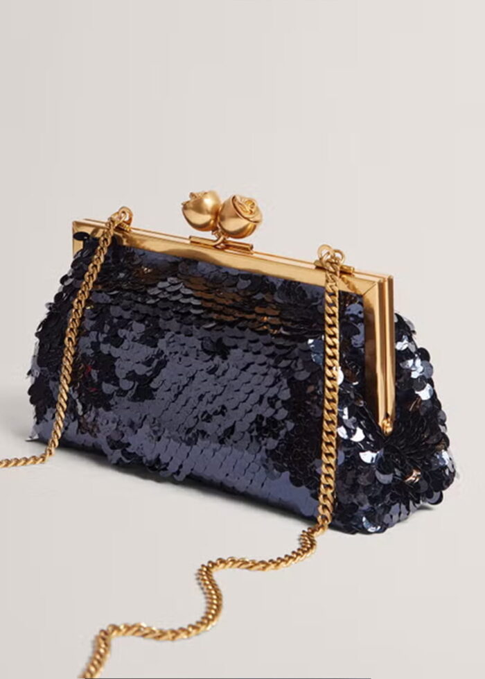 TED BAKER Sequin Rose Clasp Clutch Bag Navy - Image 2