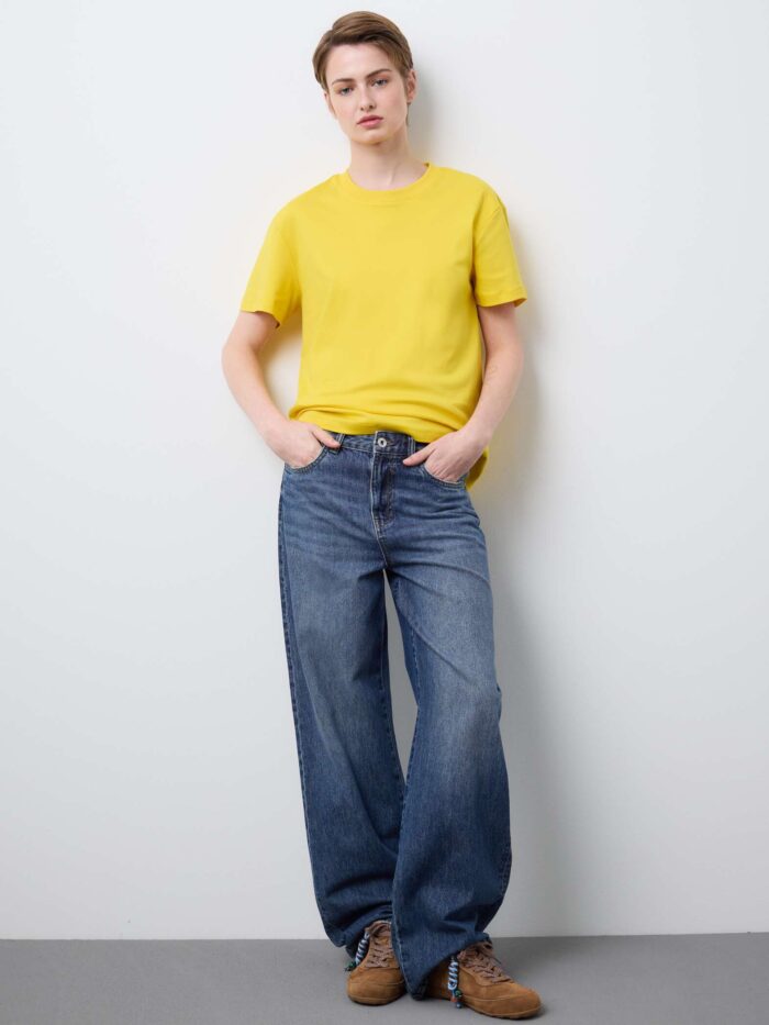STEFANEL Regular fit pure cotton crew neck T-shirt Yellow - Image 3