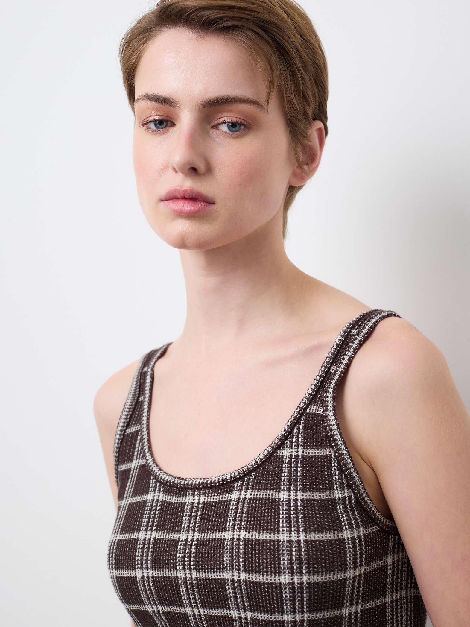 003569340_SD1 STEFANEL Checked pure cotton tank top regular fit White/Brown - Image 1