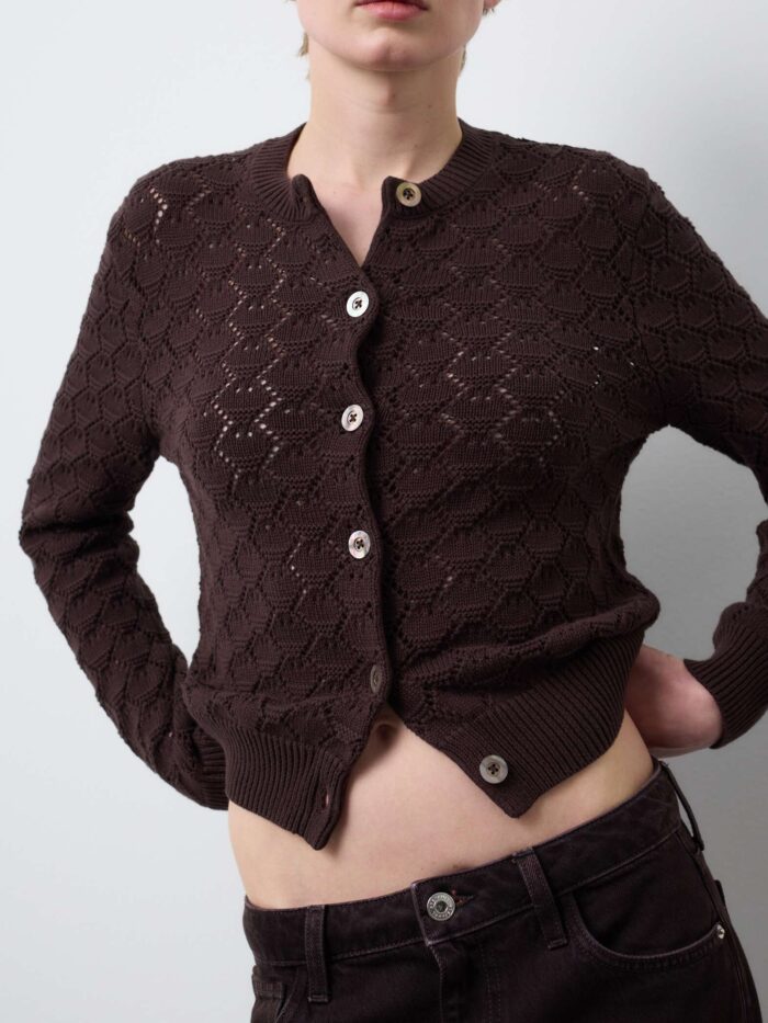 STEFANEL pure cotton regular fit cardigan with lace pattern Brown - Image 2