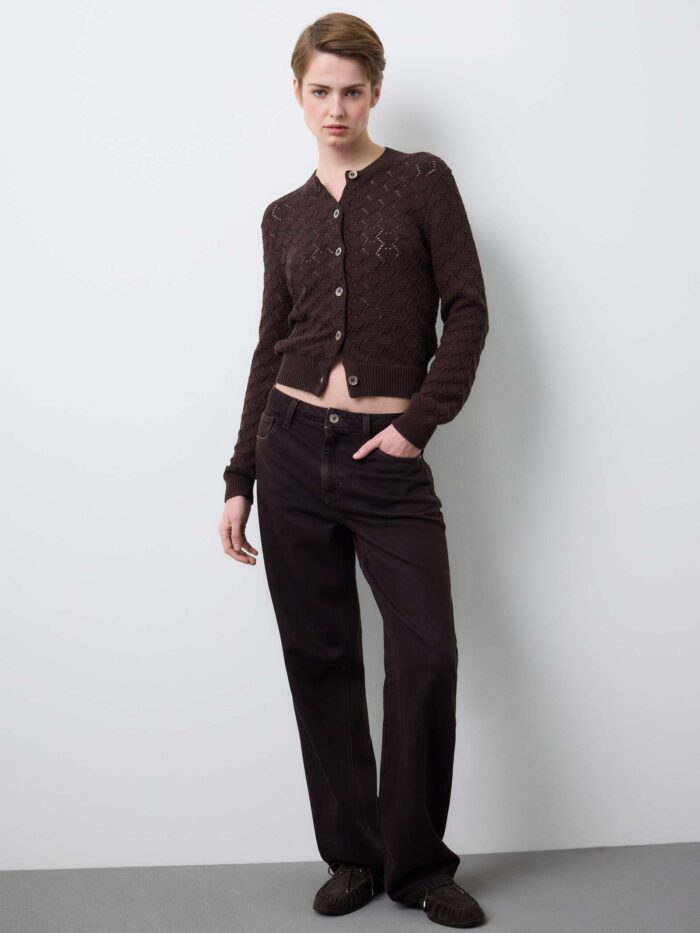 STEFANEL pure cotton regular fit cardigan with lace pattern Brown - Image 3