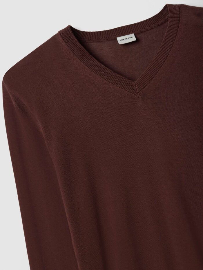STEFANEL Lyocell and Cotton Regular Fit V-Neck Jumper Brown - Image 7