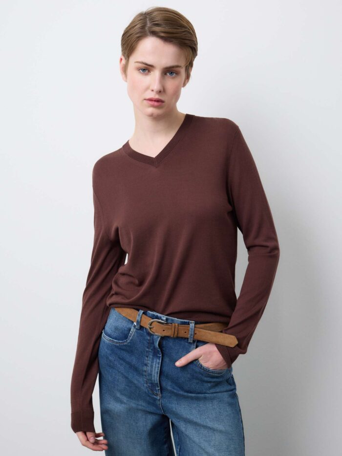 STEFANEL Lyocell and Cotton Regular Fit V-Neck Jumper Brown - Image 2