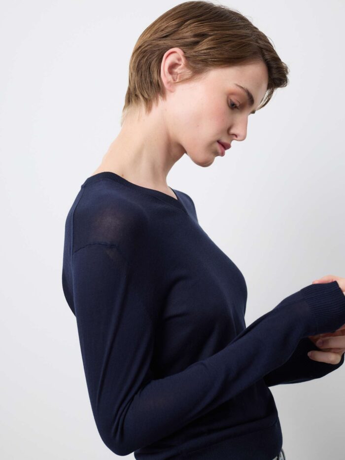 STEFANEL Regular Fit V-Neck Lyocell and Cotton Jumper Blue - Image 2