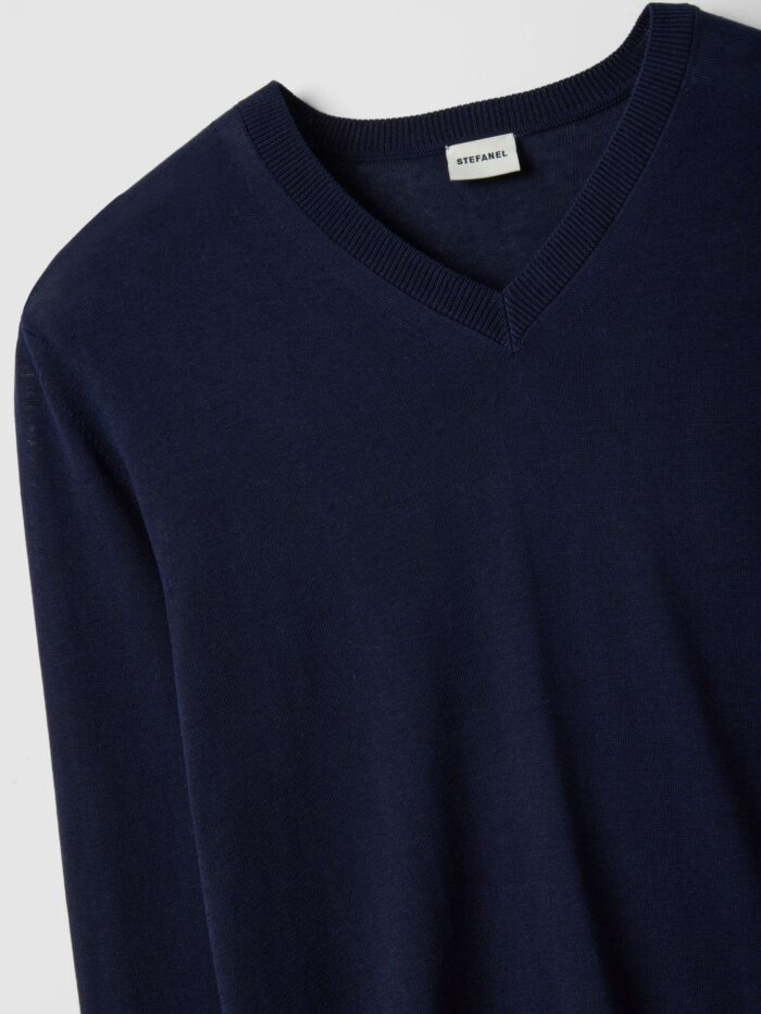 STEFANEL Regular Fit V-Neck Lyocell and Cotton Jumper Blue - Image 7