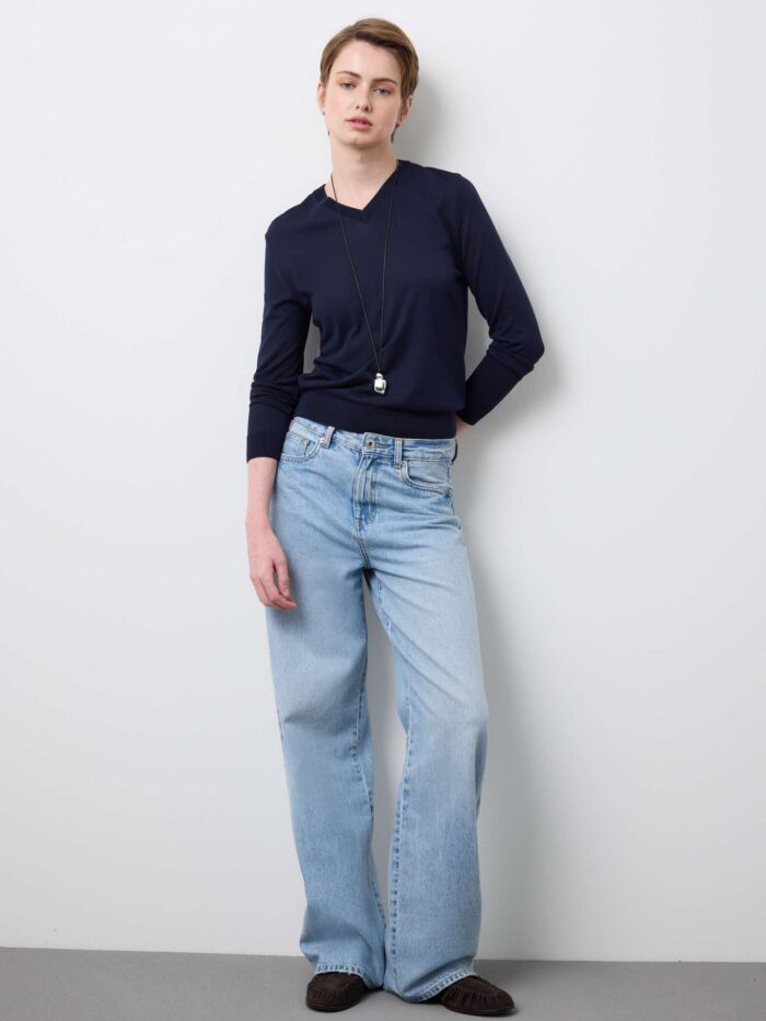 STEFANEL Regular Fit V-Neck Lyocell and Cotton Jumper Blue - Image 3