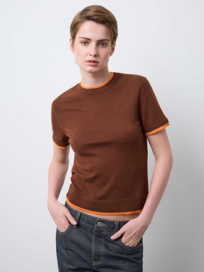 STEFANEL Short sleeve shirt in regular fit wool blend Brown - Image 2