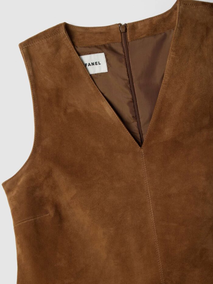 STEFANEL Sleeveless genuine leather slim fit dress with V-neck Brown - Image 7